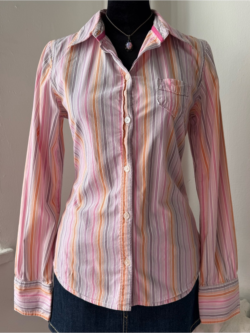 Y2K Old Navy Pink & Orange Striped Button-Down Shirt